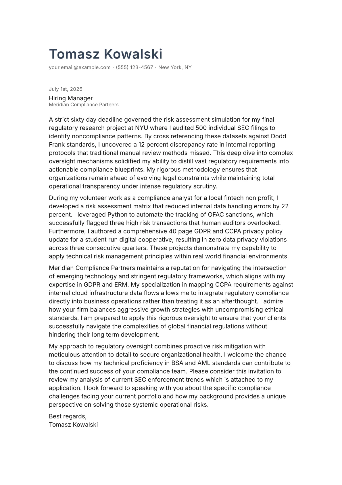 Chief Compliance Officer cover letter in the Minimal design
