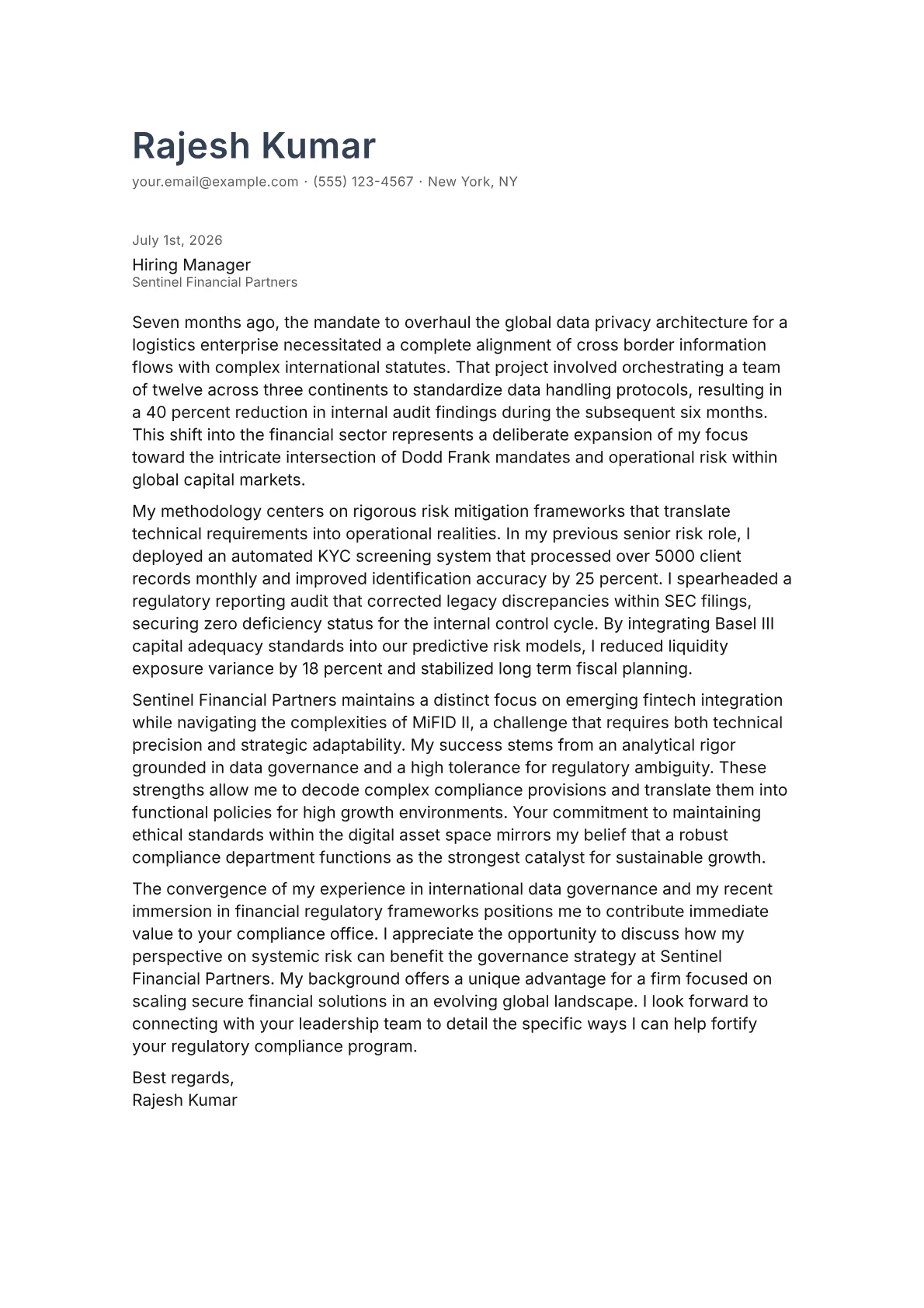 Chief Compliance Officer Financial cover letter in the Minimal design