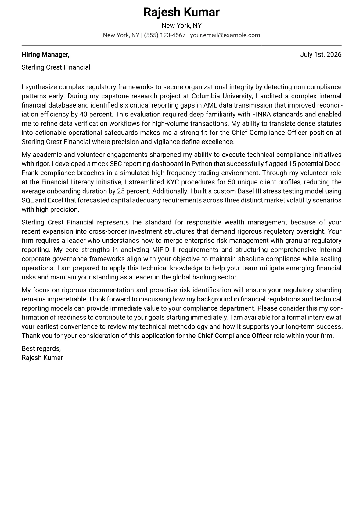 Chief Compliance Officer Financial cover letter in the Modern design