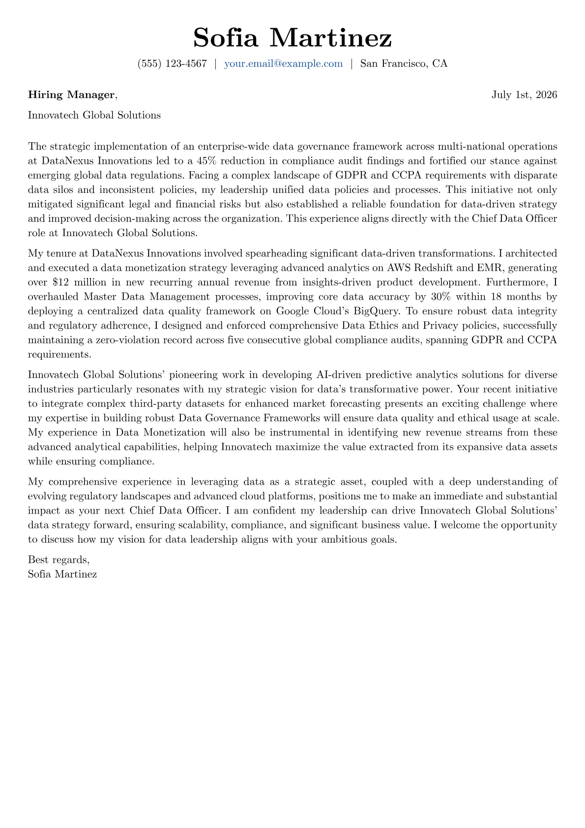 Chief Data Officer cover letter formatted with a JobSprout template