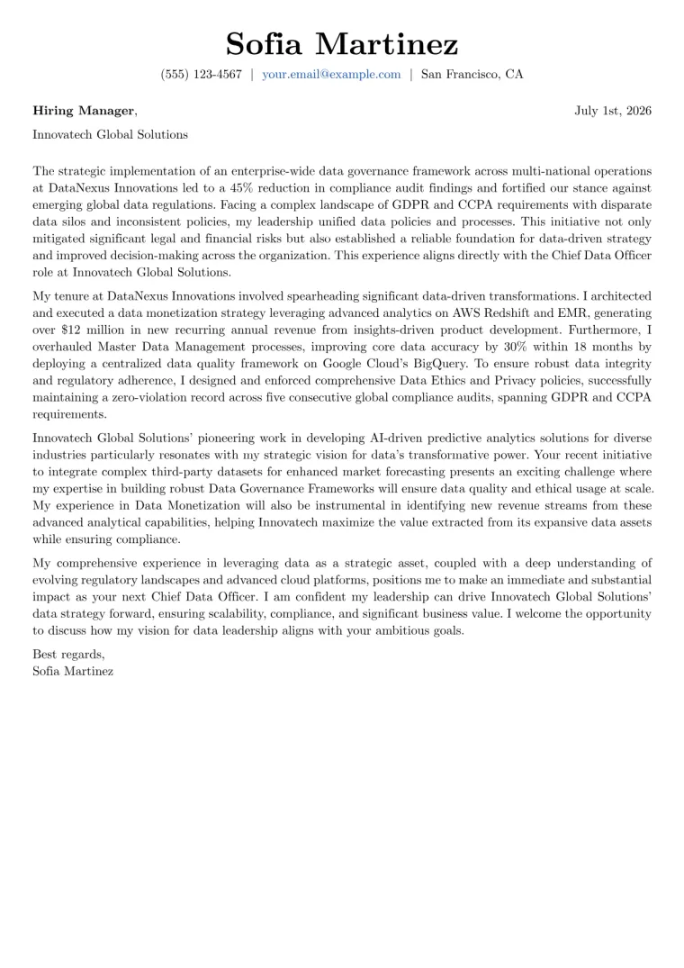 Chief Data Officer cover letter example