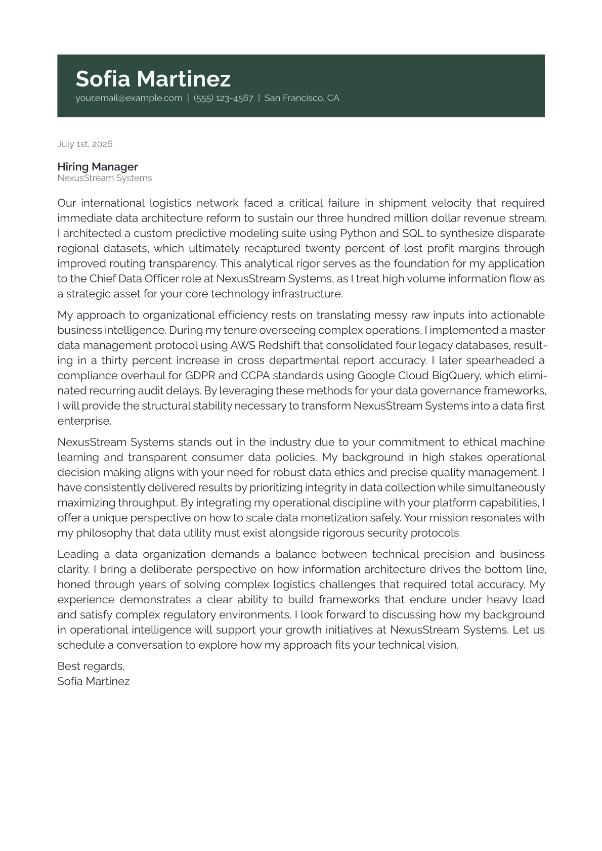 Chief Data Officer cover letter in the Banner design