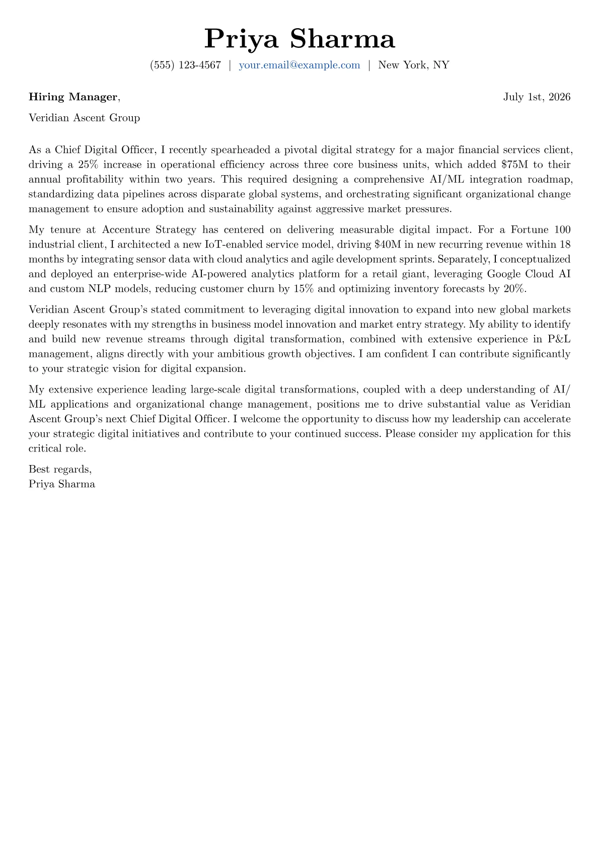 Chief Digital Officer cover letter formatted with a JobSprout template