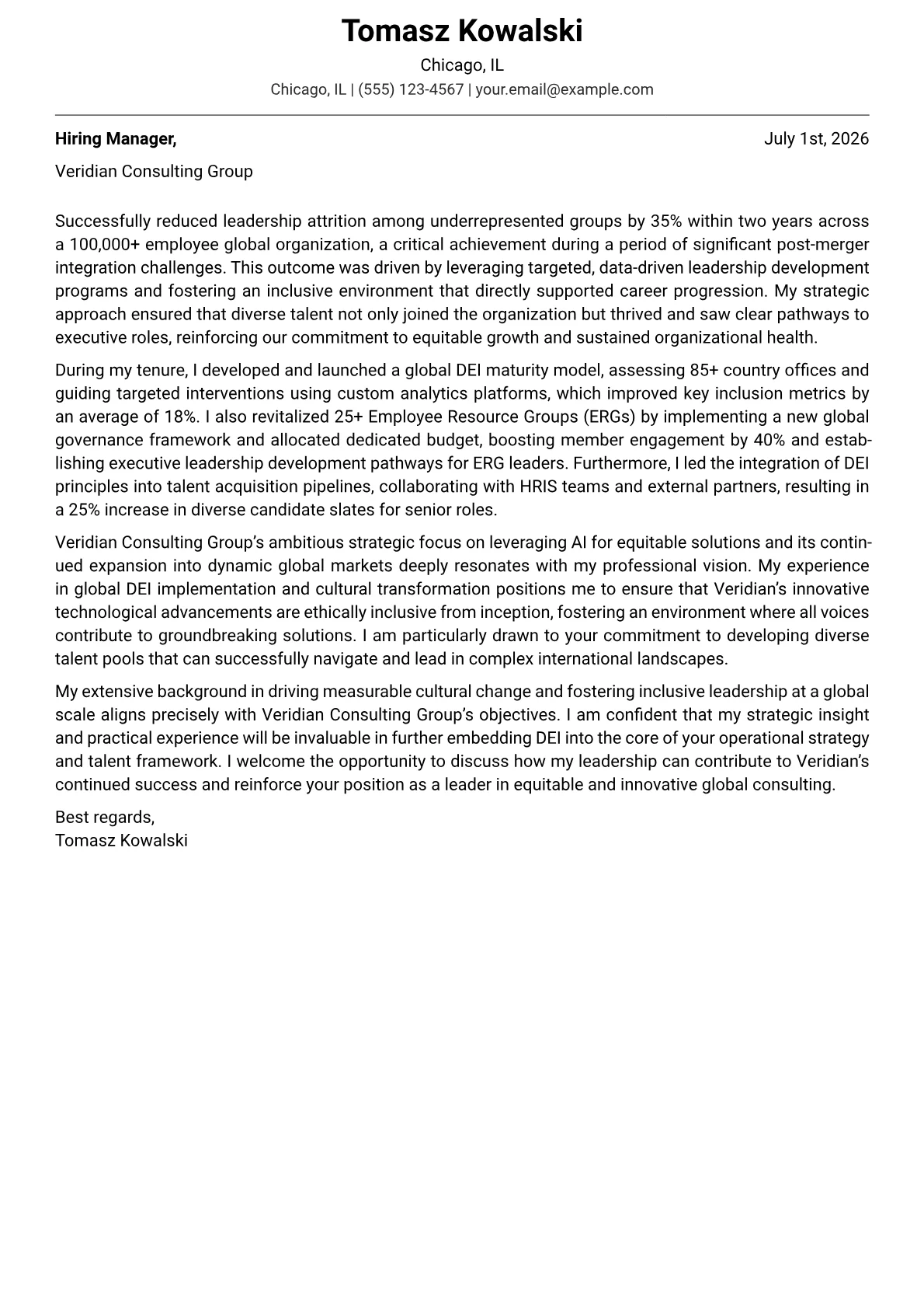 Chief Diversity Officer cover letter formatted with a JobSprout template