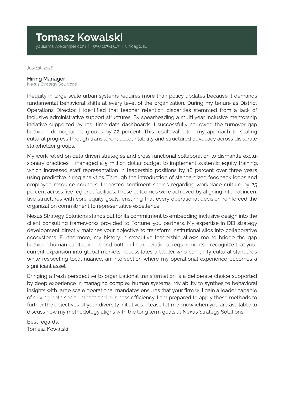 Chief Diversity Officer cover letter in the Banner design