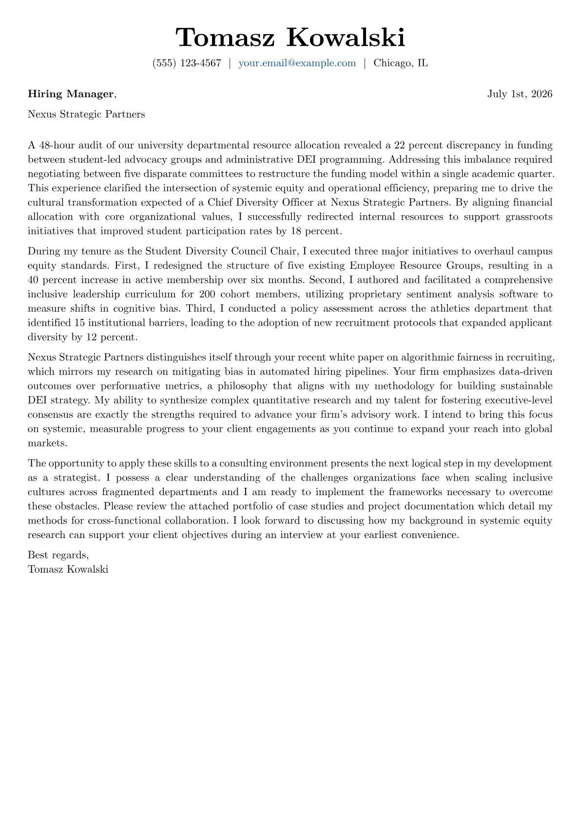 Chief Diversity Officer cover letter in the Basic design