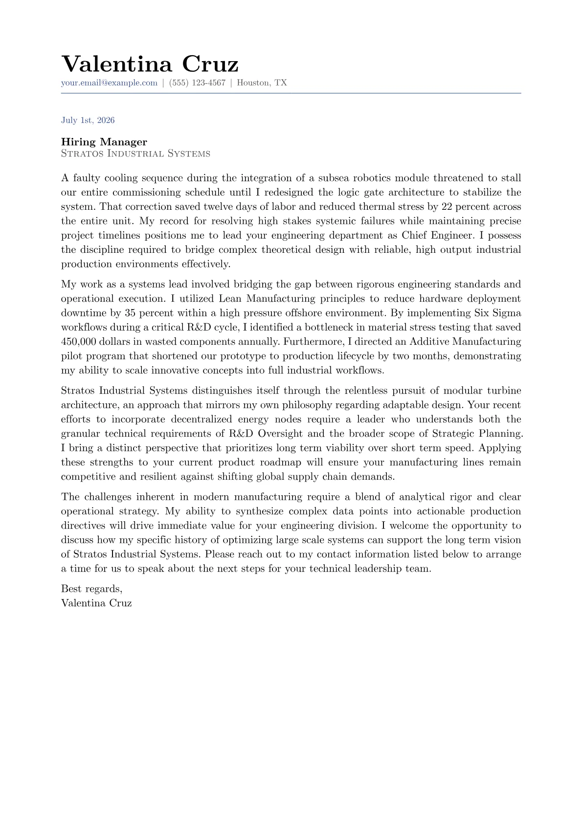 Chief Engineer cover letter in the Classic design