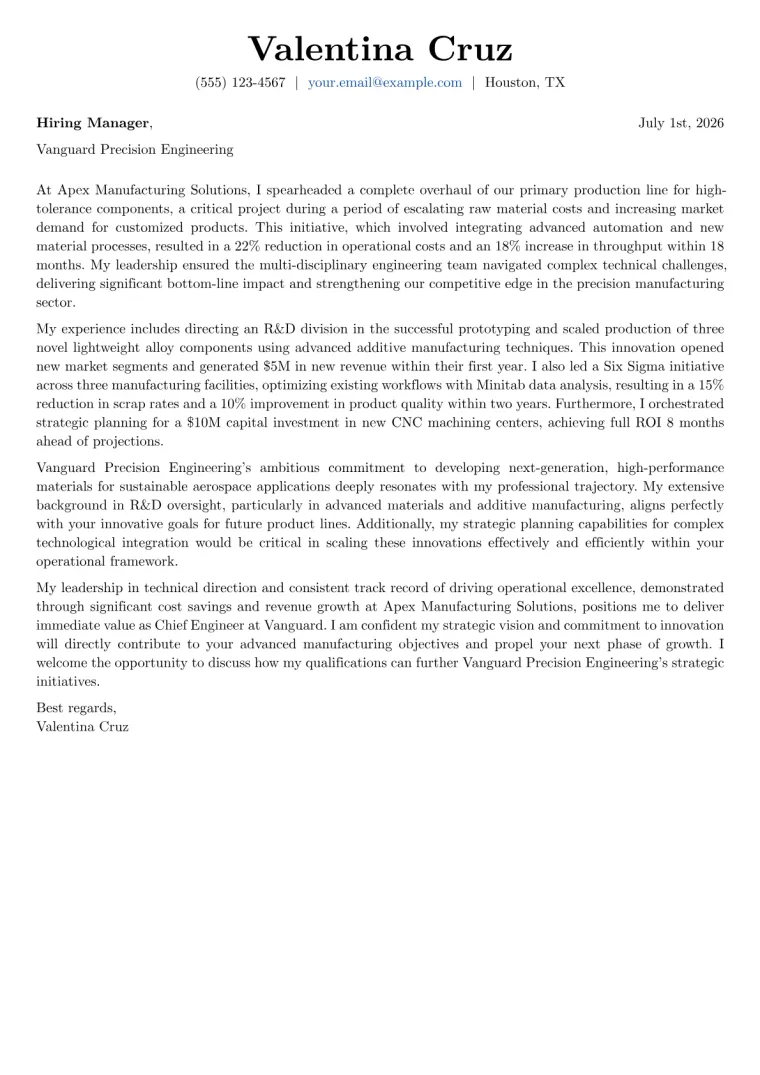 Chief Engineer cover letter example preview