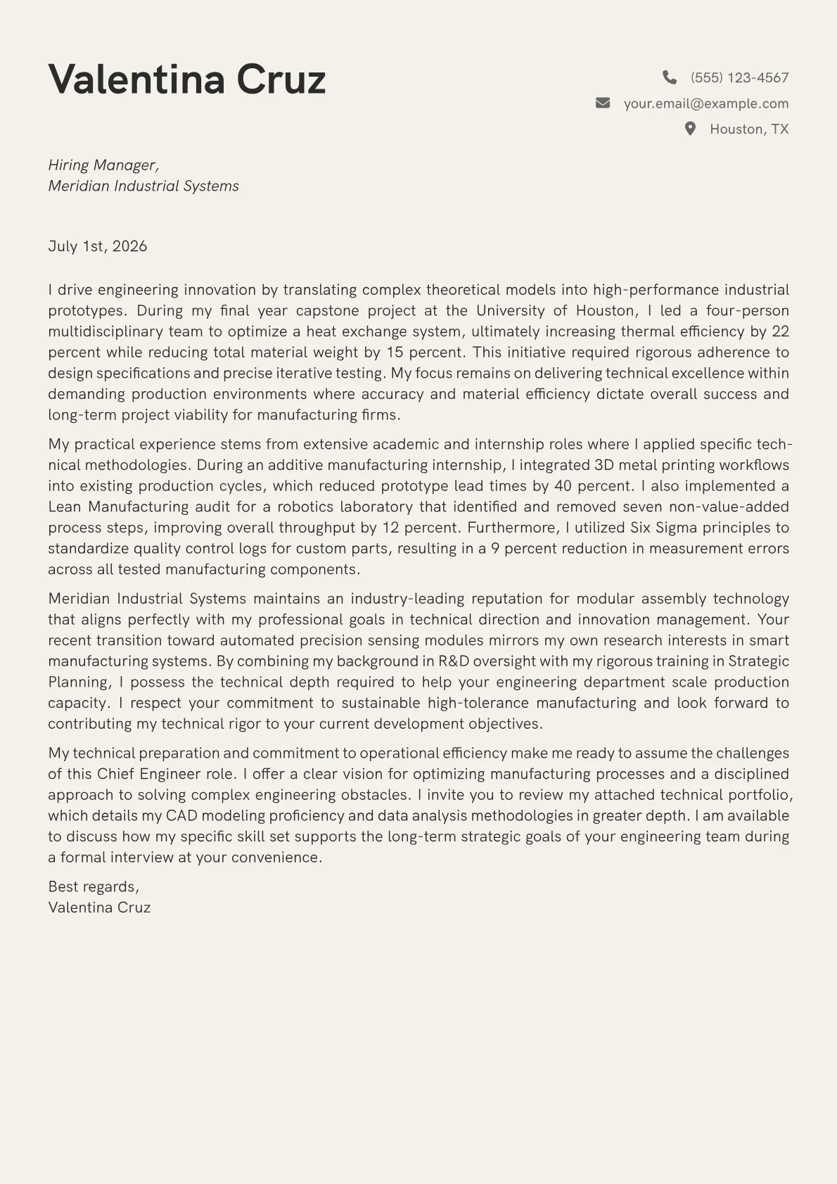 Chief Engineer cover letter in the Creative design