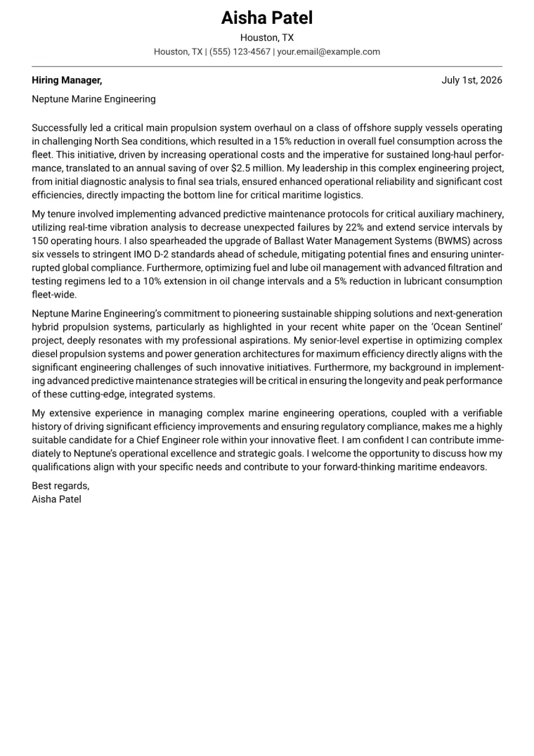 Chief Engineer Maritime cover letter example