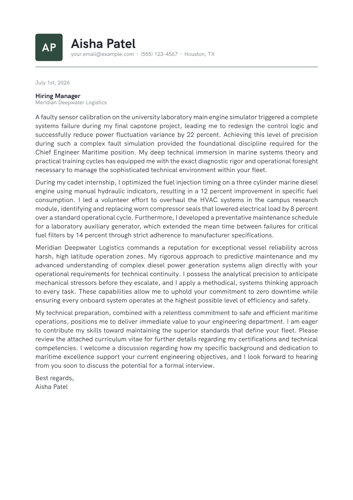 Chief Engineer Maritime cover letter in the Emblem design