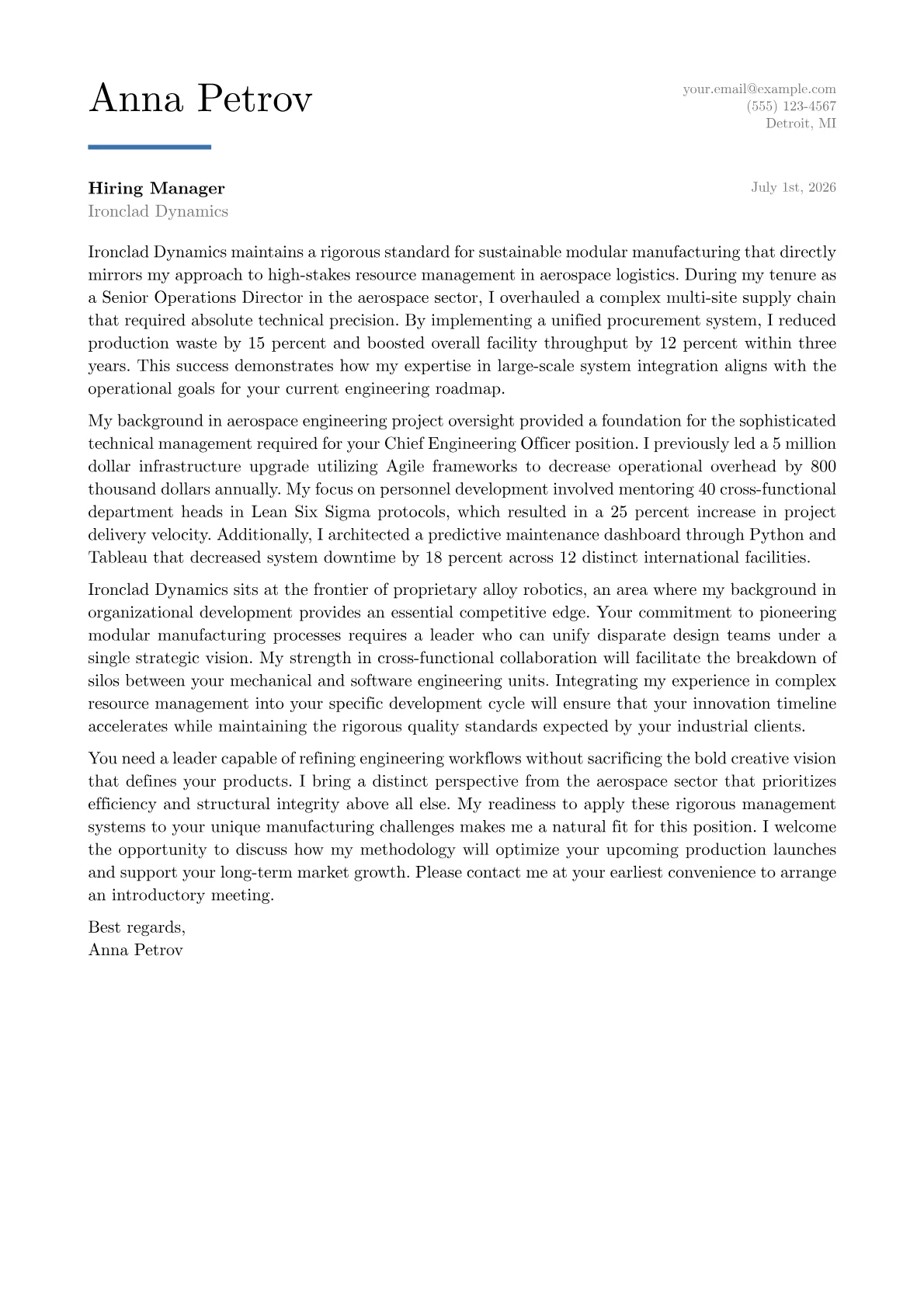 Chief Engineering Officer cover letter in the Executive design