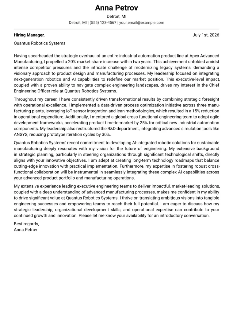 Chief Engineering Officer Cover Letter Example