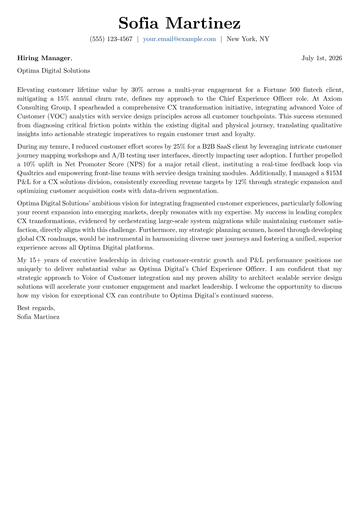 Chief Experience Officer cover letter formatted with a JobSprout template