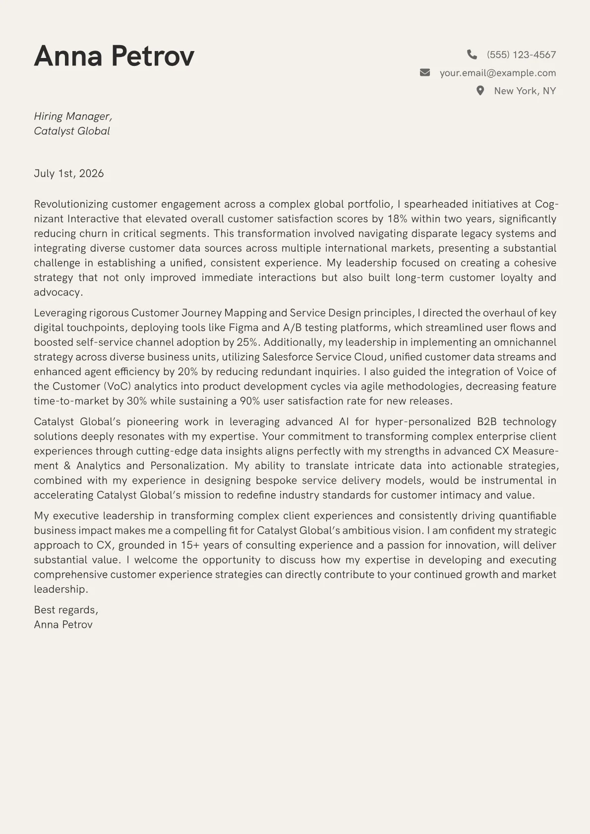 Chief Experience Officer Business cover letter formatted with a JobSprout template