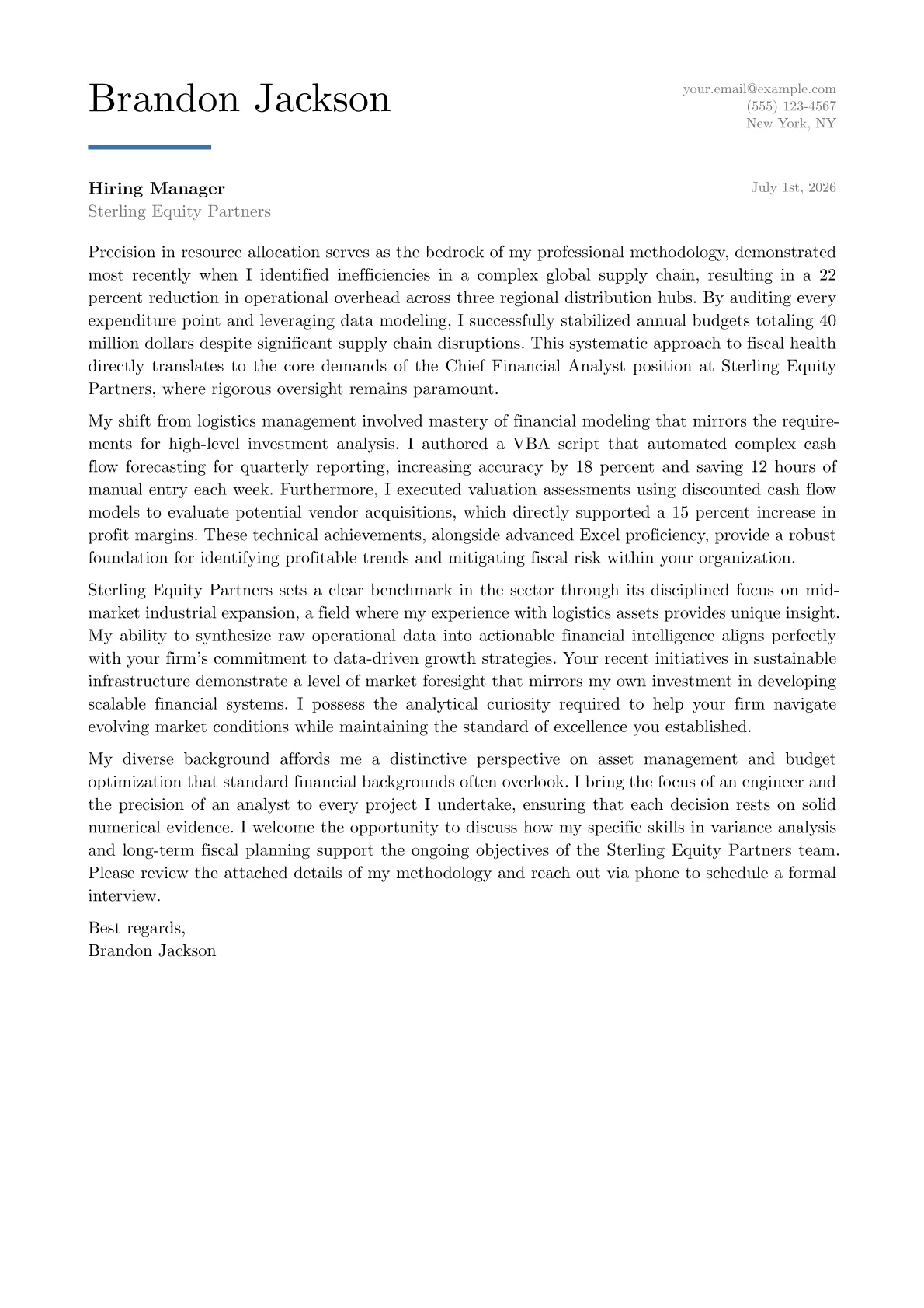 Chief Financial Analyst cover letter in the Executive design