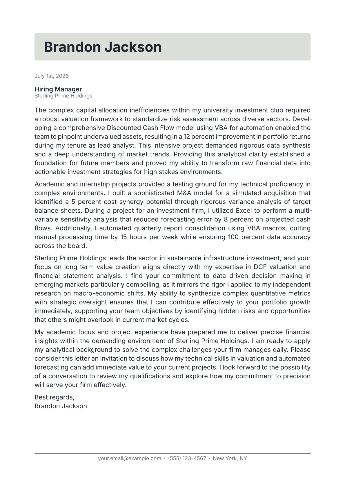 Chief Financial Analyst cover letter in the Letterhead design