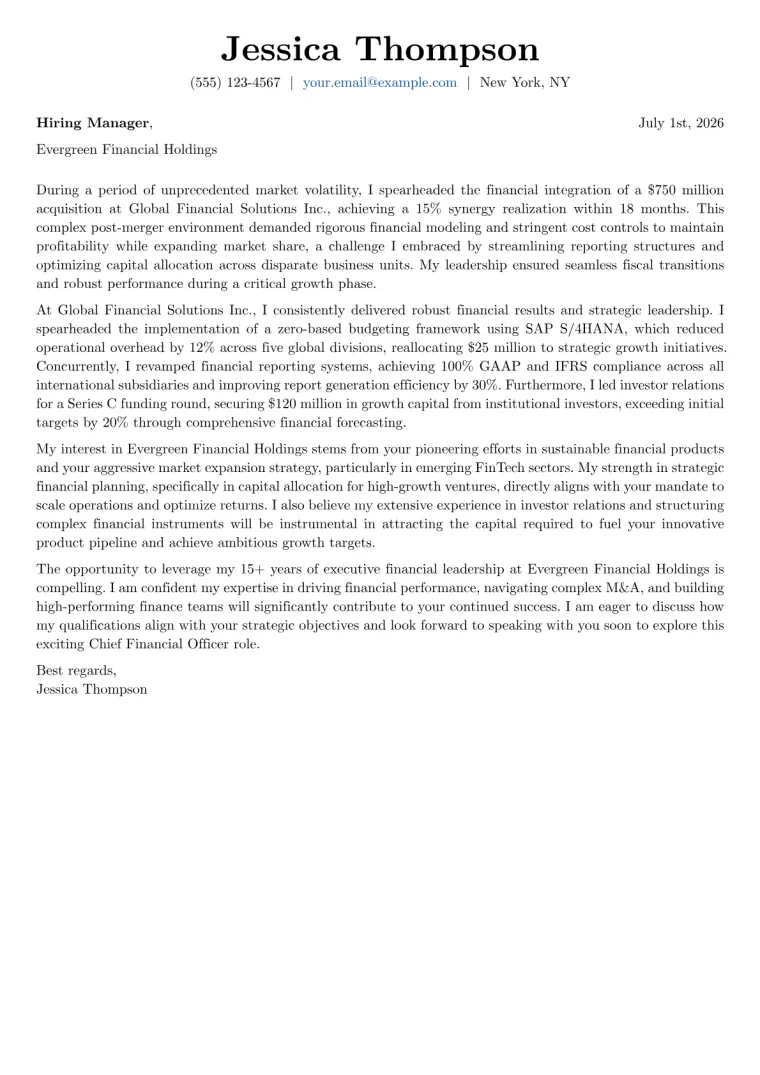 Chief Financial Officer Cover Letter Example