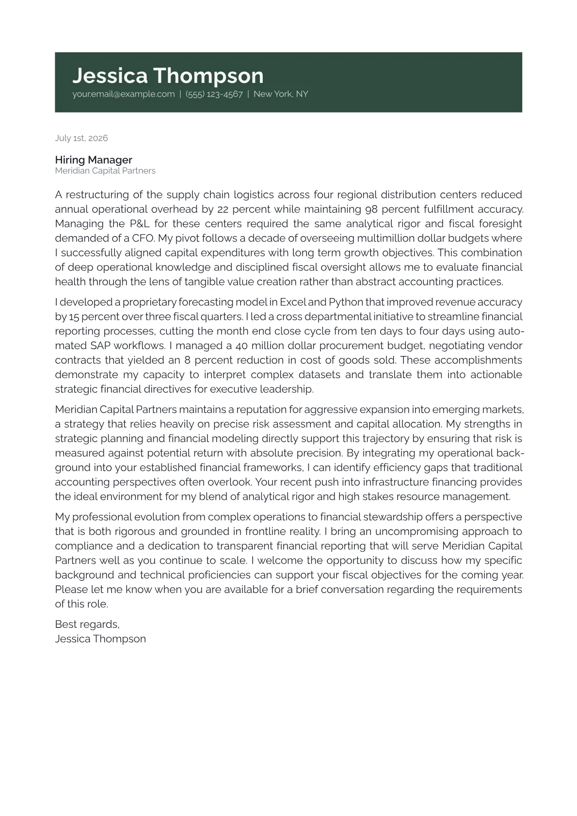 Chief Financial Officer cover letter in the Banner design