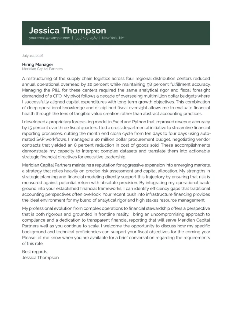 Chief Financial Officer cover letter for a career changer