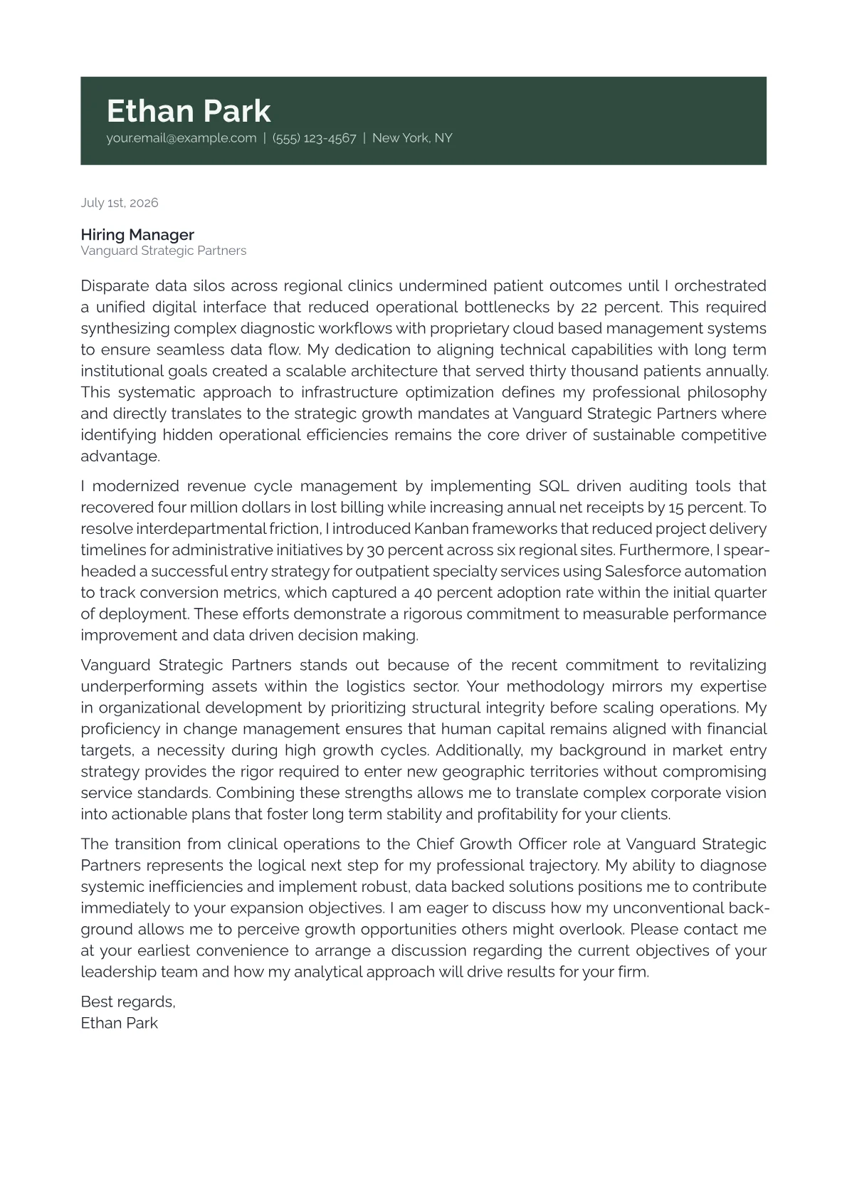 Chief Growth Officer cover letter in the Banner design
