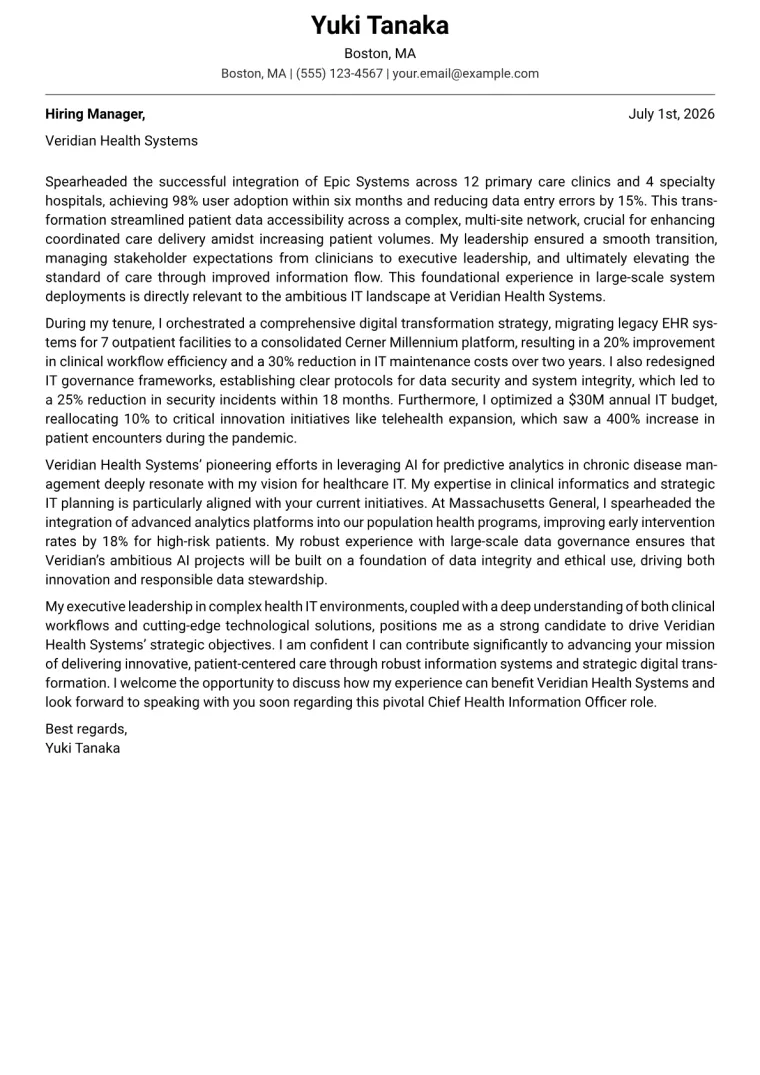 Chief Health Information Officer cover letter example preview