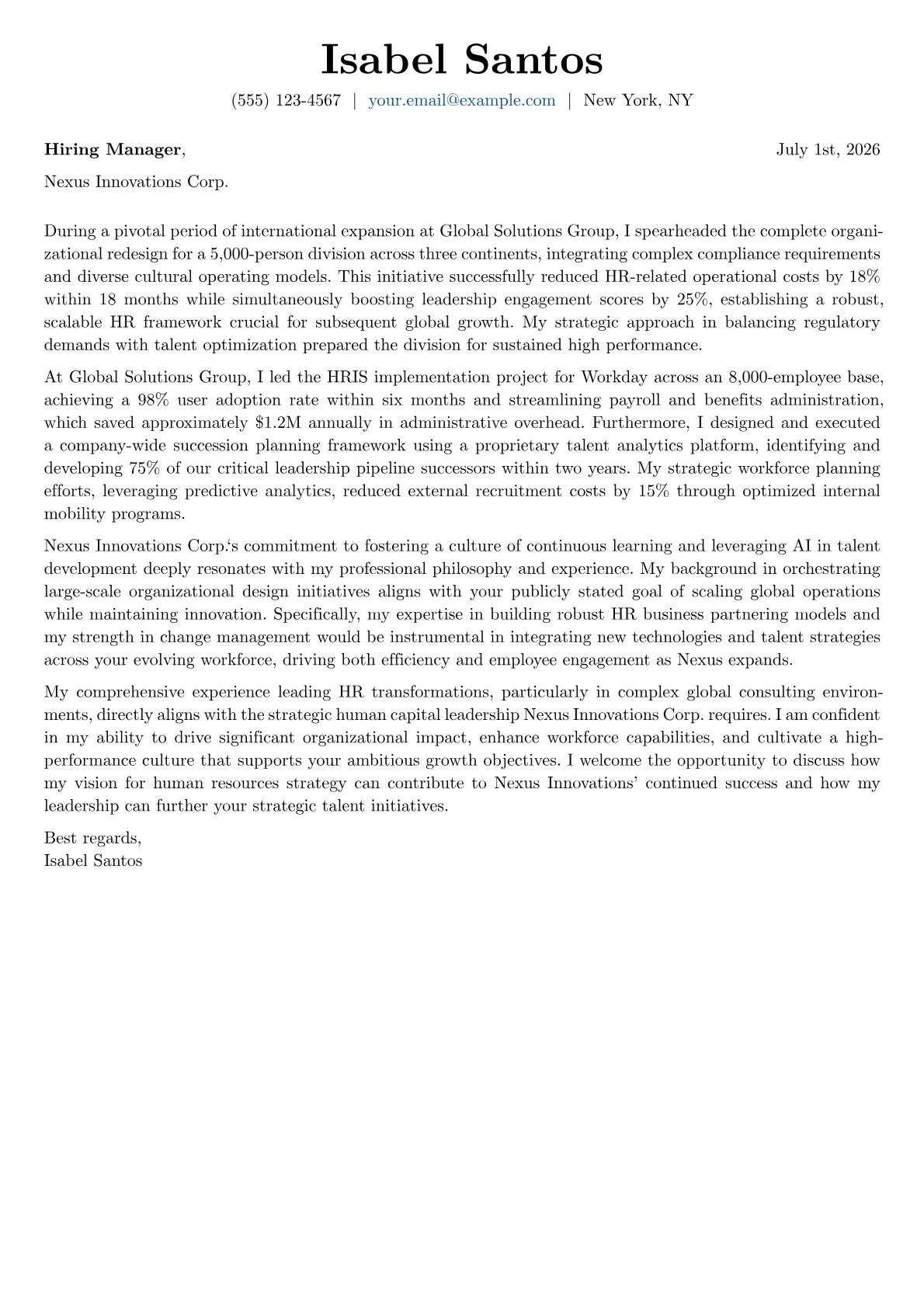 Chief Human Resources Officer cover letter formatted with a JobSprout template