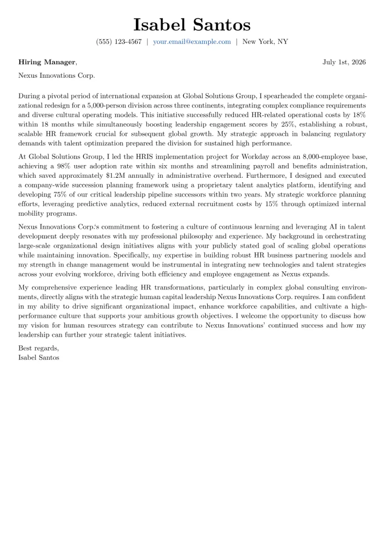 Chief Human Resources Officer Cover Letter Example