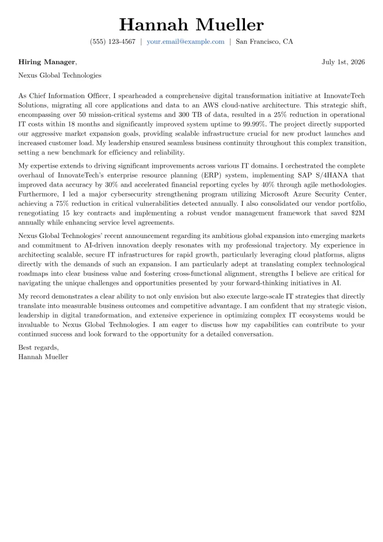 Chief Information Officer cover letter example preview