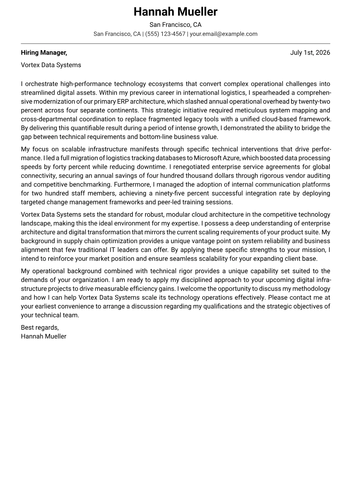 Chief Information Officer cover letter in the Modern design