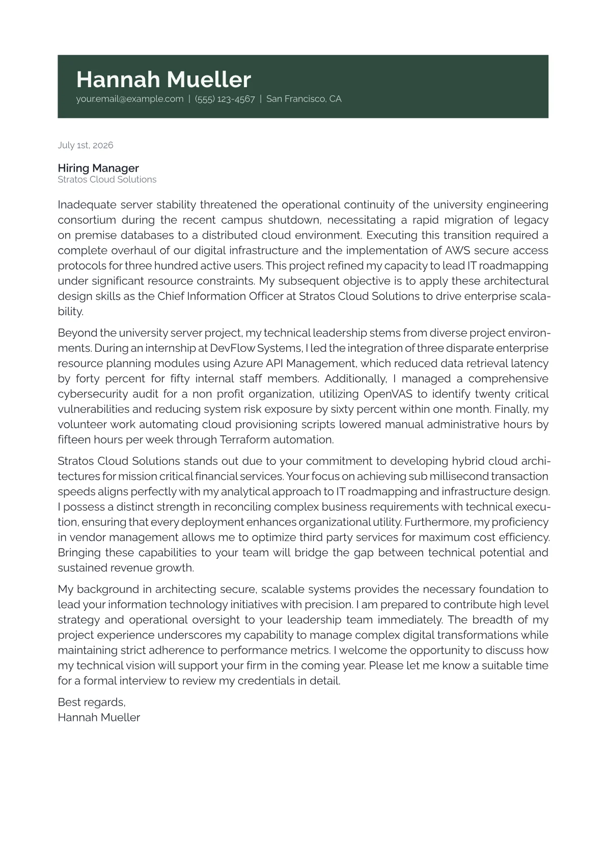 Chief Information Officer cover letter in the Banner design