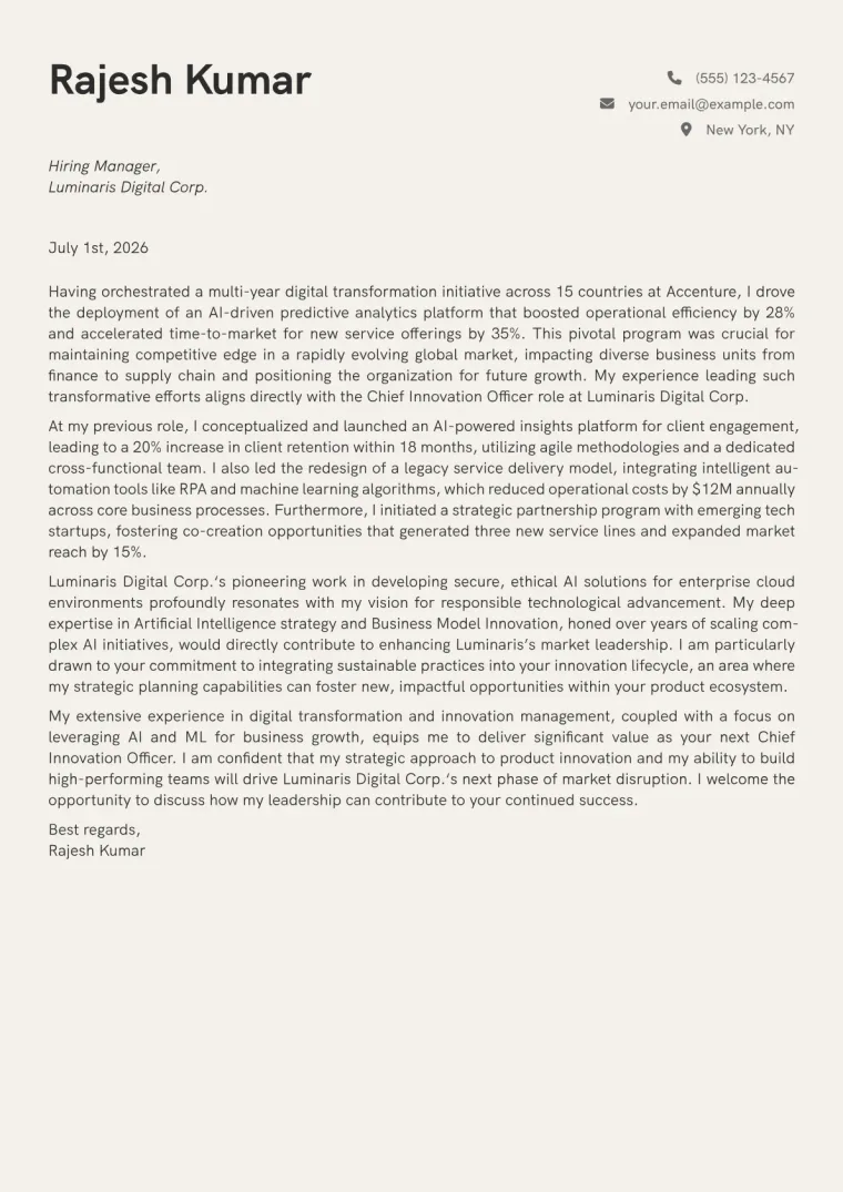 Chief Innovation Officer cover letter example preview