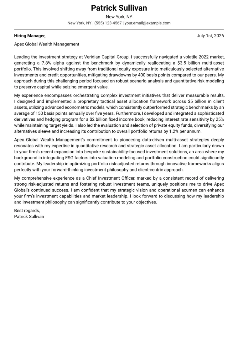 Chief Investment Officer cover letter example preview