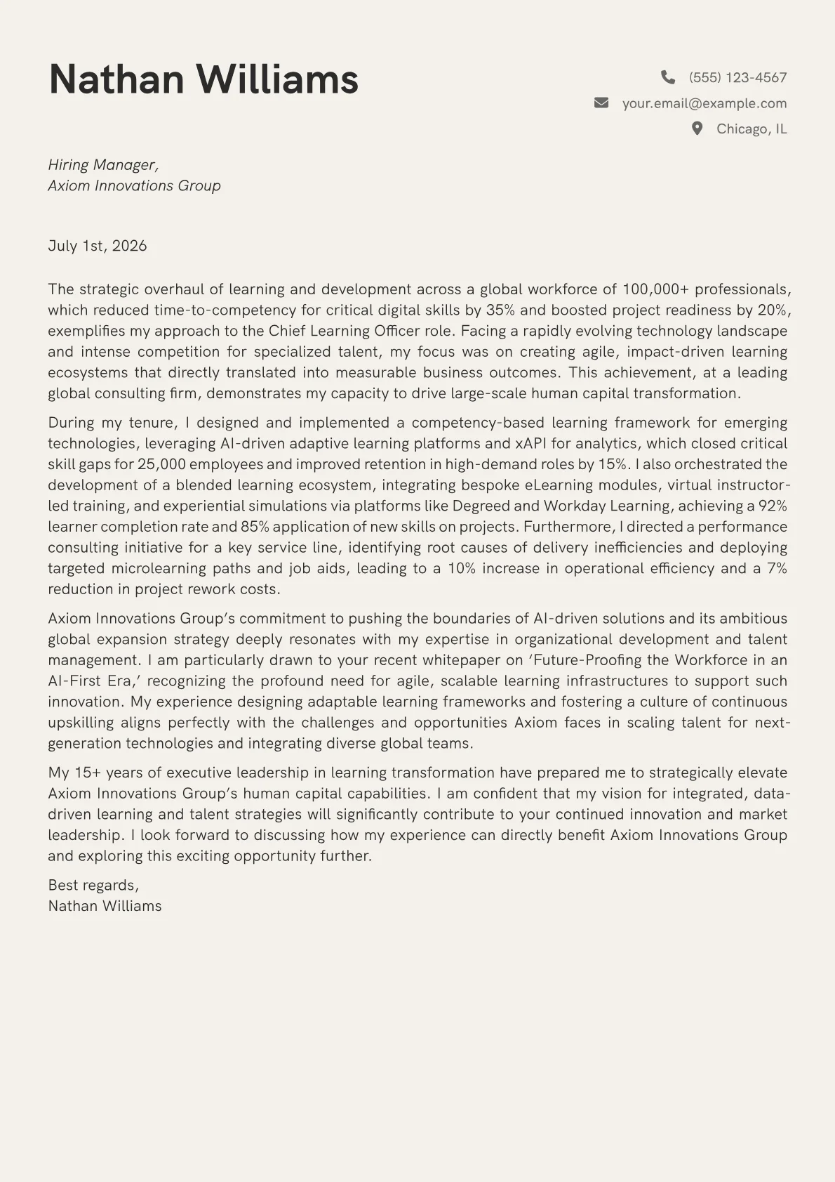 Chief Learning Officer cover letter formatted with a JobSprout template