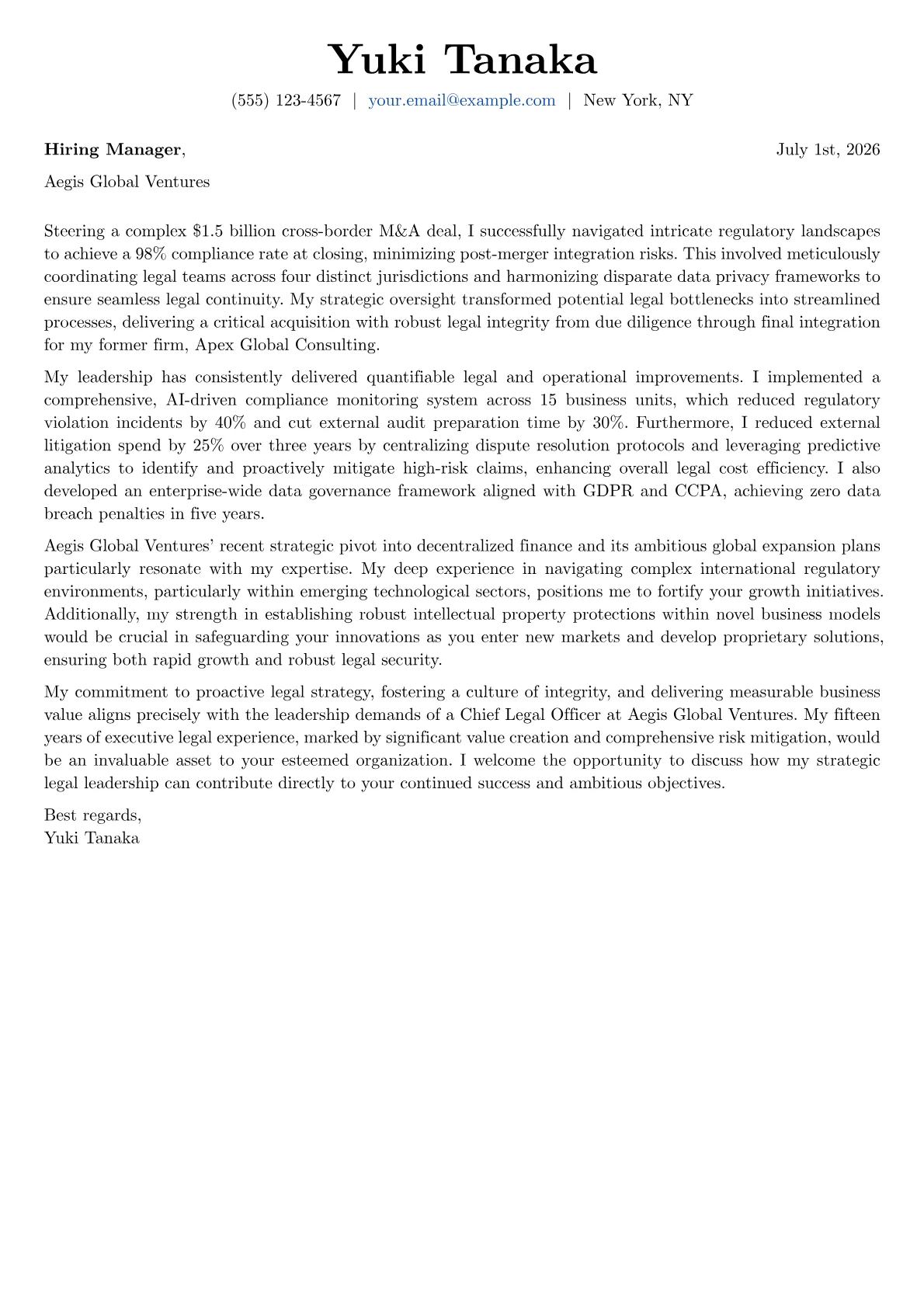 Chief Legal Officer cover letter formatted with a JobSprout template
