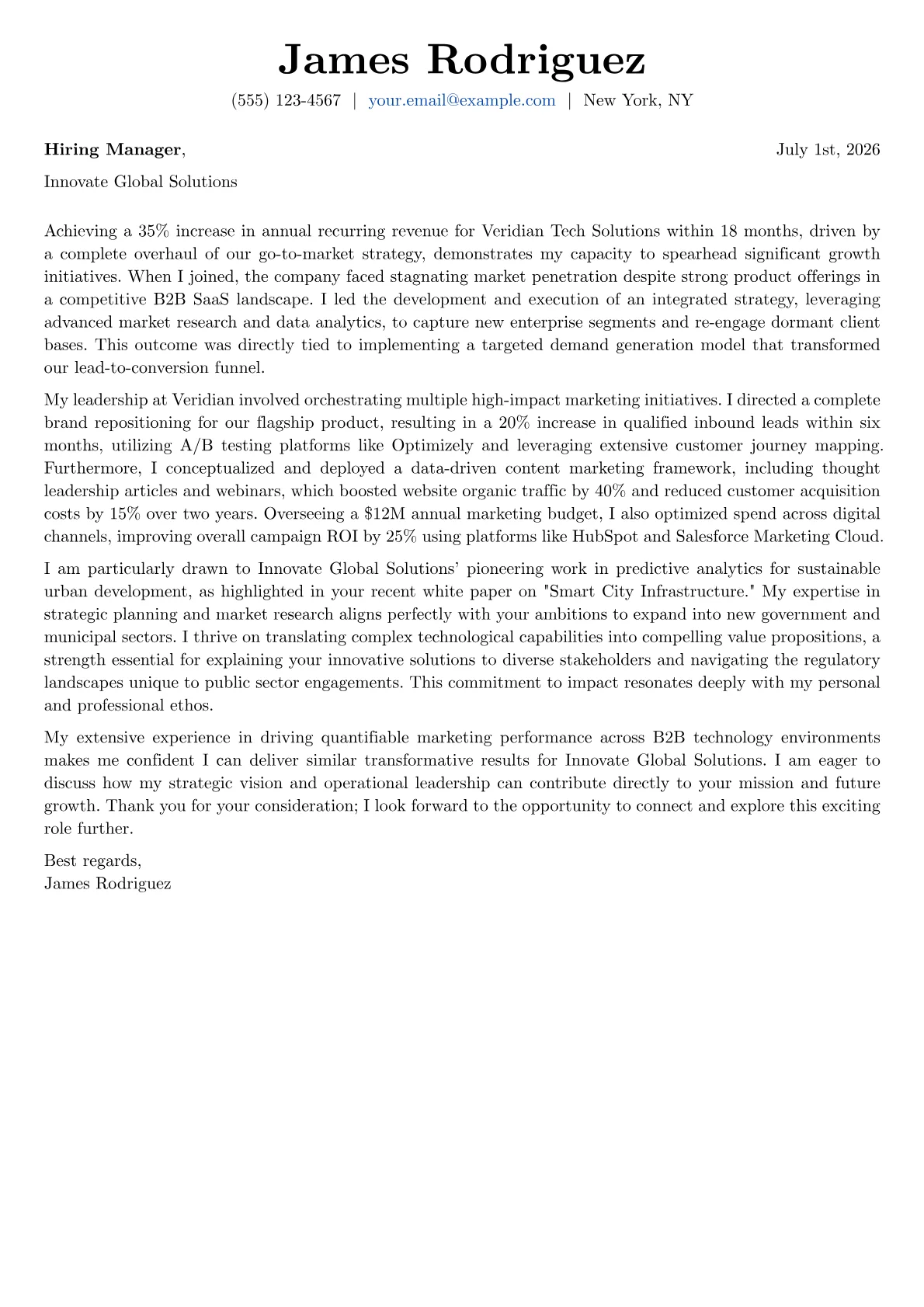 Chief Marketing Officer cover letter formatted with a JobSprout template