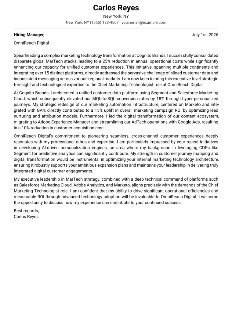 Chief Marketing Technologist cover letter example preview
