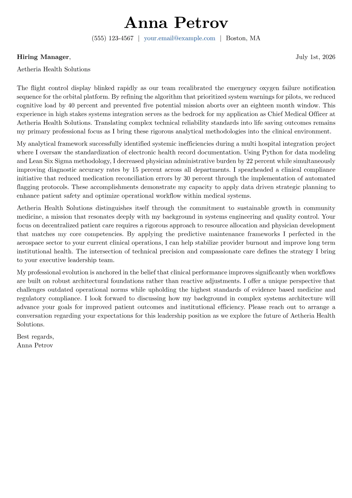 Chief Medical Officer cover letter in the Basic design
