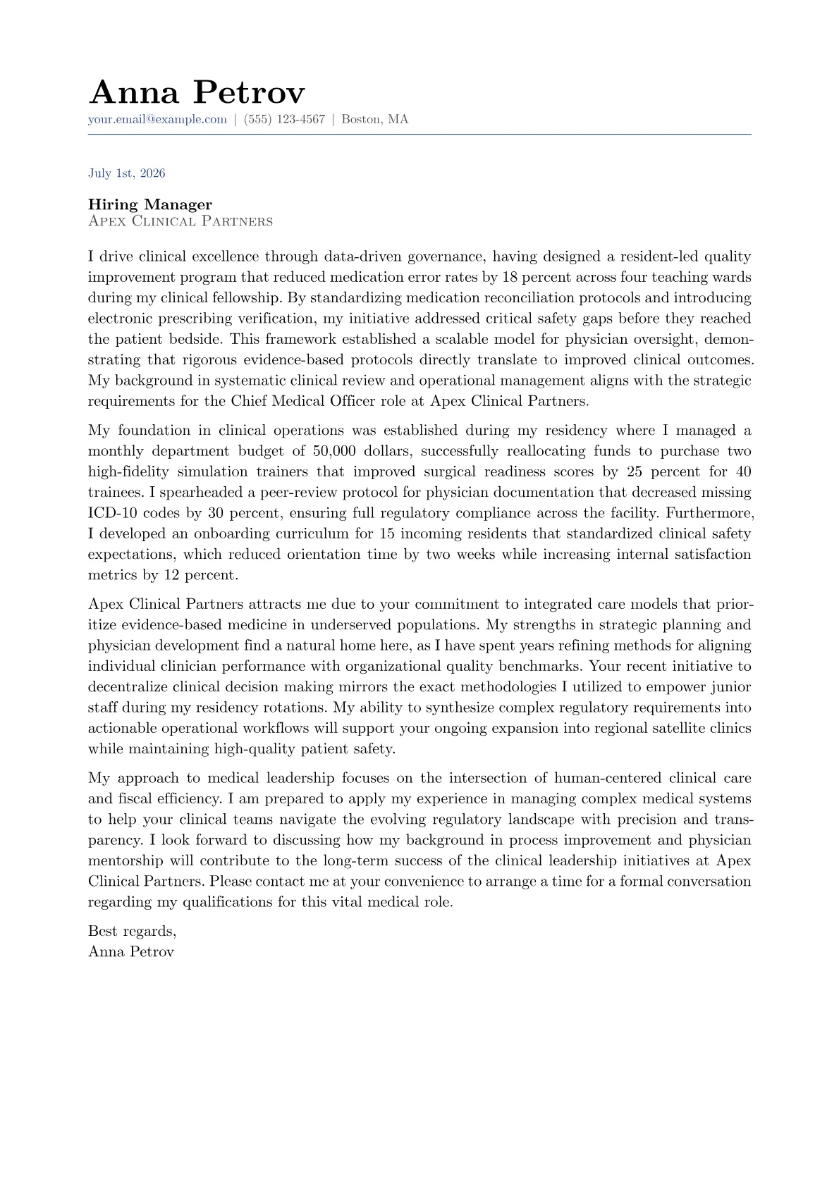 Chief Medical Officer cover letter in the Classic design