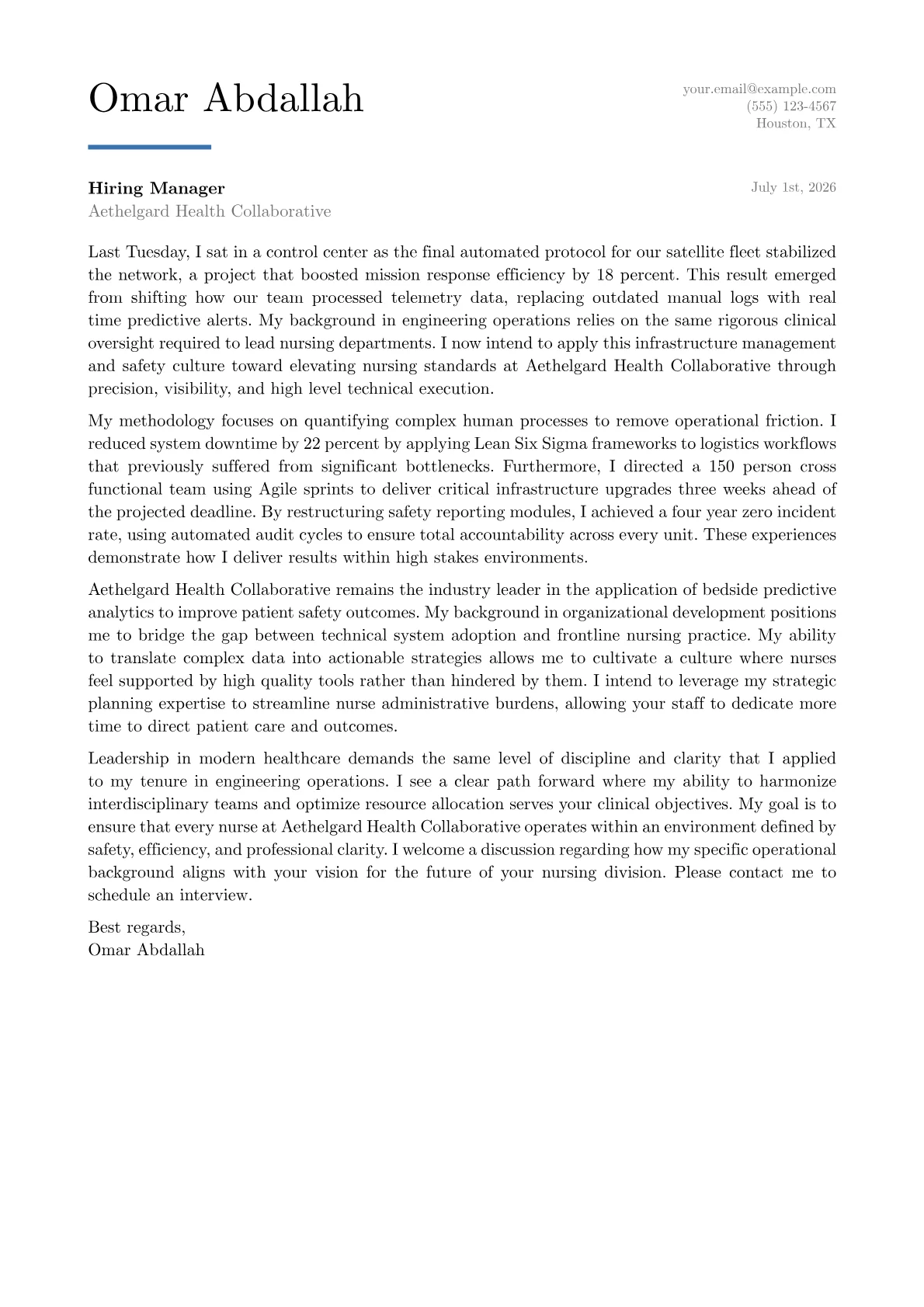 Chief Nursing Officer cover letter in the Executive design