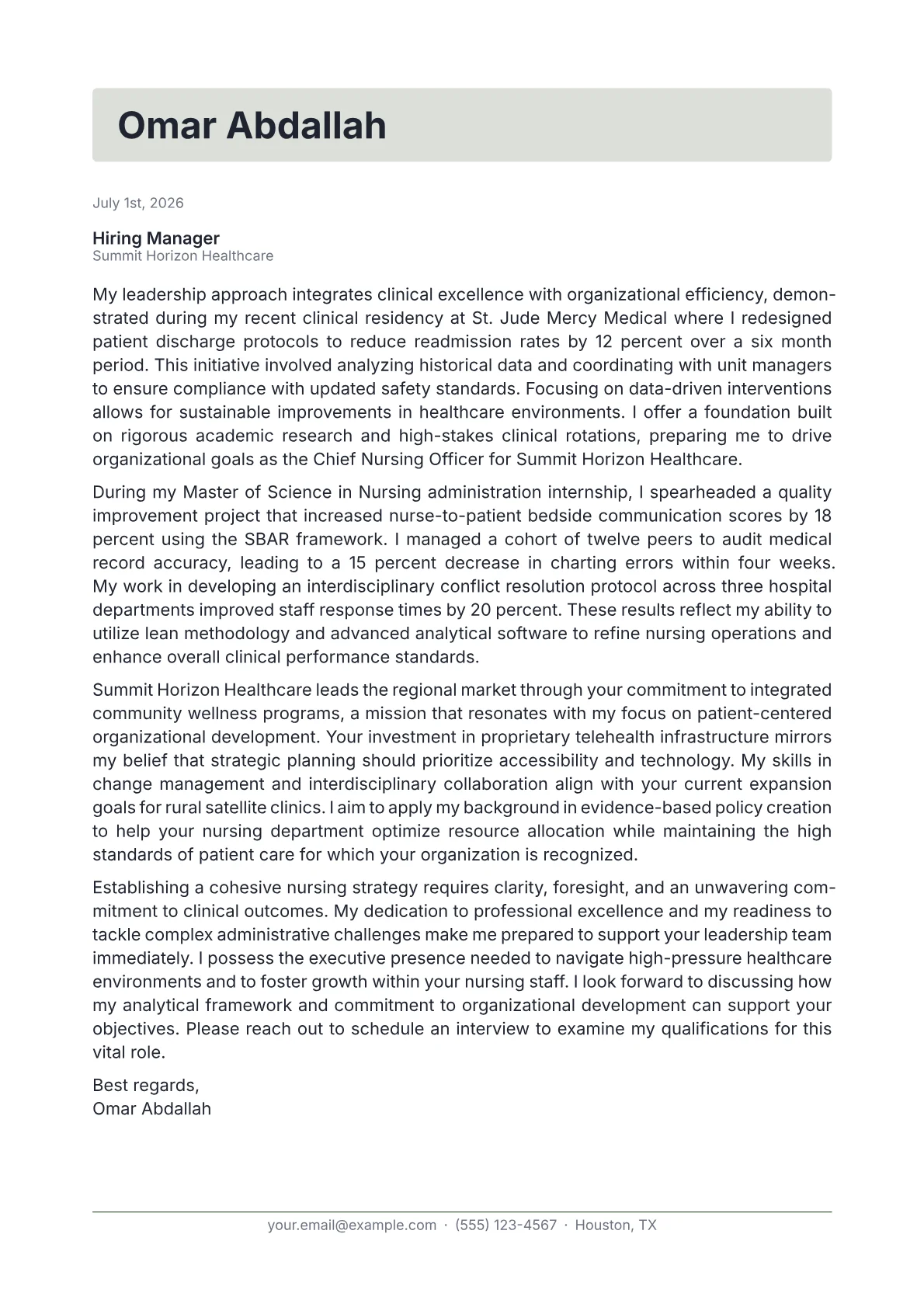 Chief Nursing Officer cover letter in the Letterhead design