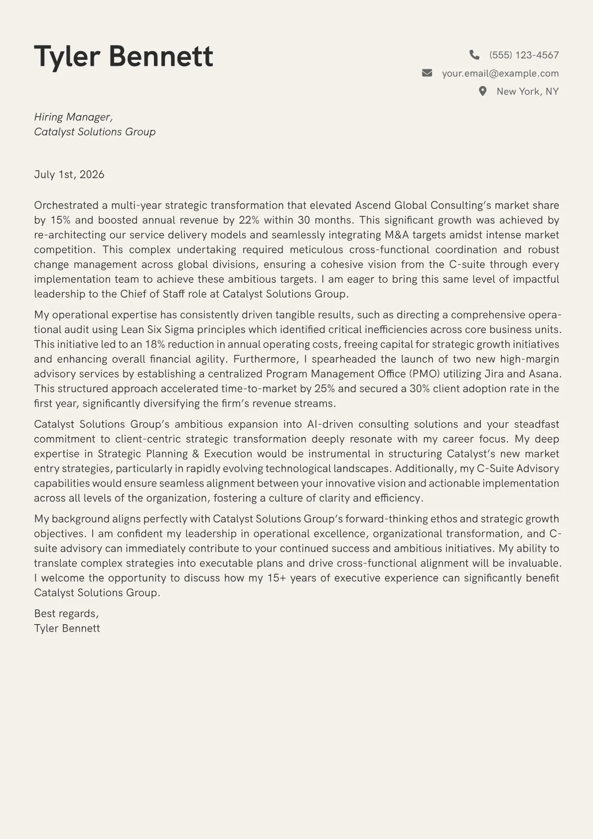 Chief of Staff cover letter formatted with a JobSprout template