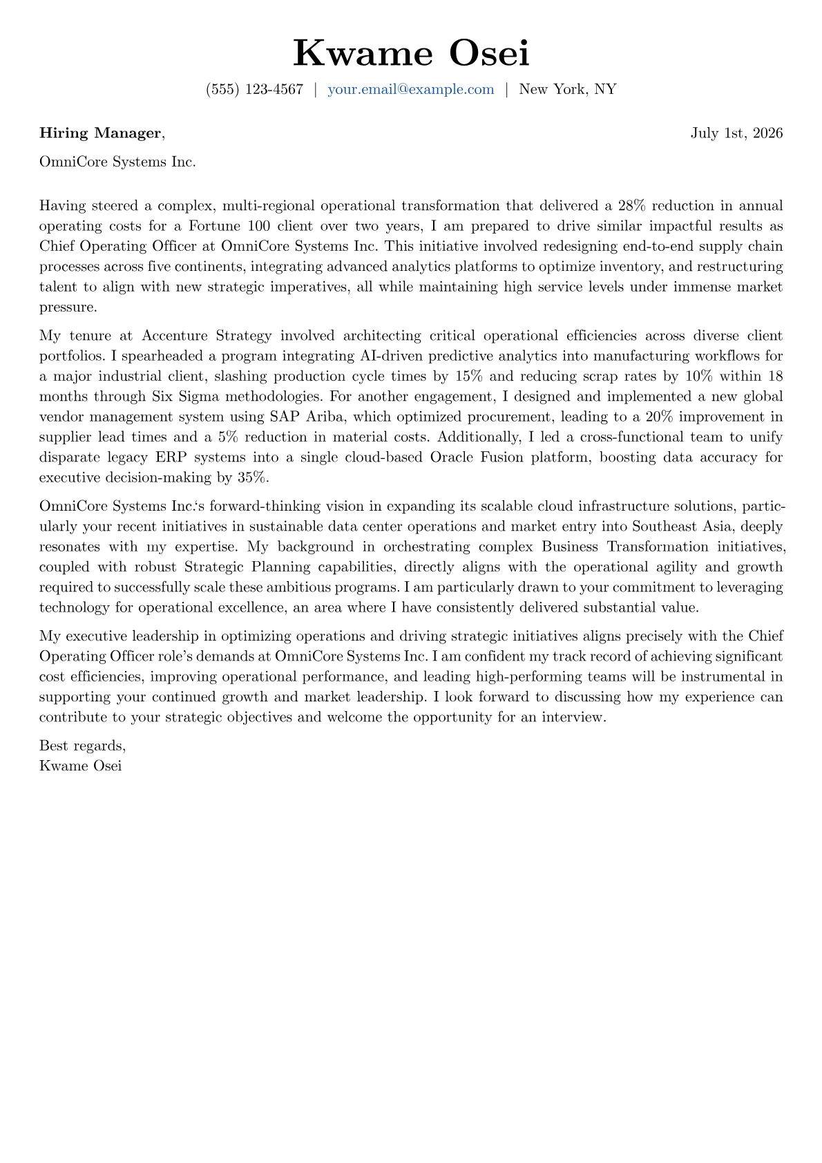 Chief Operating Officer cover letter formatted with a JobSprout template