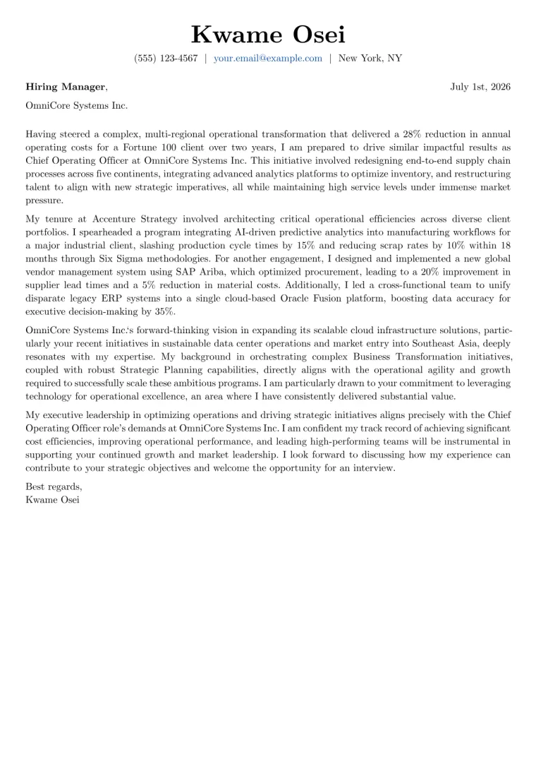 Chief Operating Officer Cover Letter Example