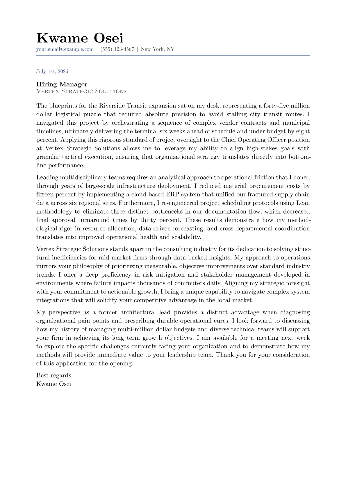 Chief Operating Officer cover letter in the Classic design