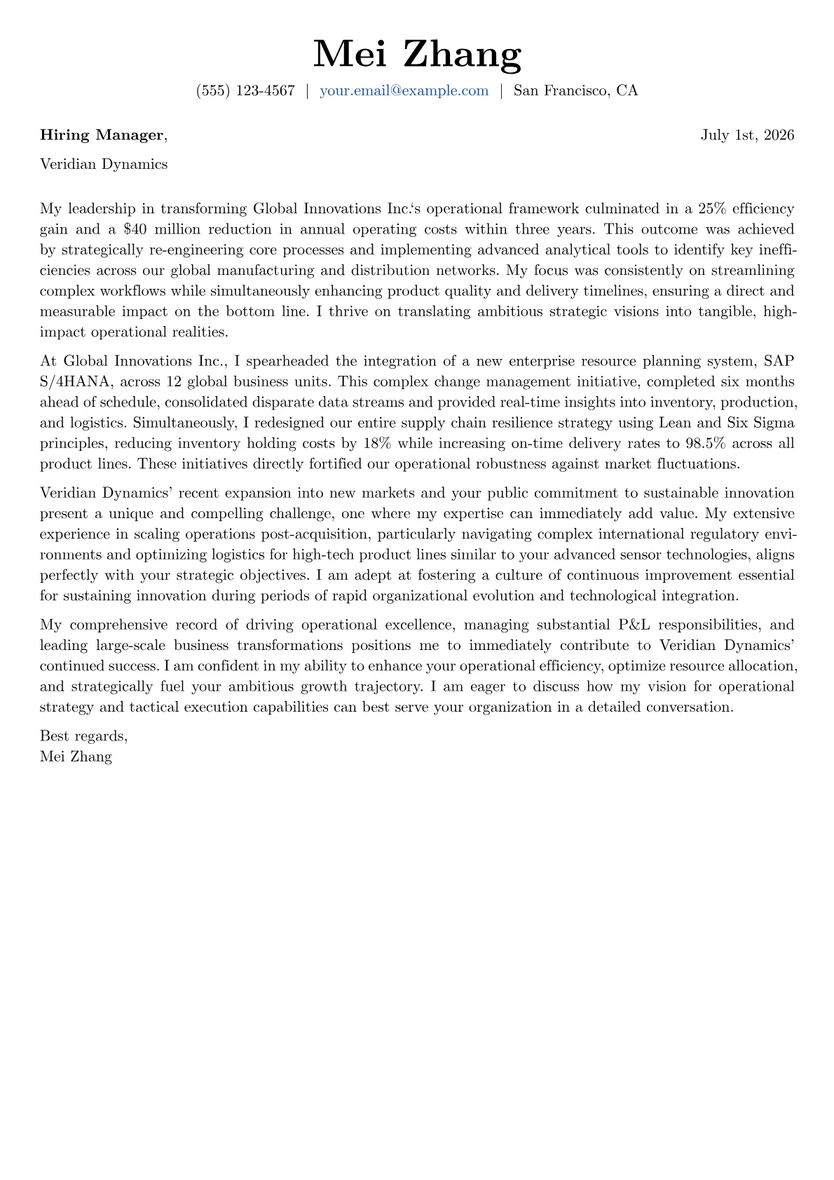 Chief Operations Officer cover letter formatted with a JobSprout template