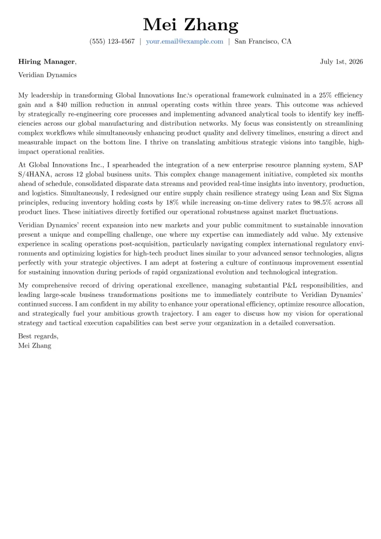 Chief Operations Officer cover letter example preview