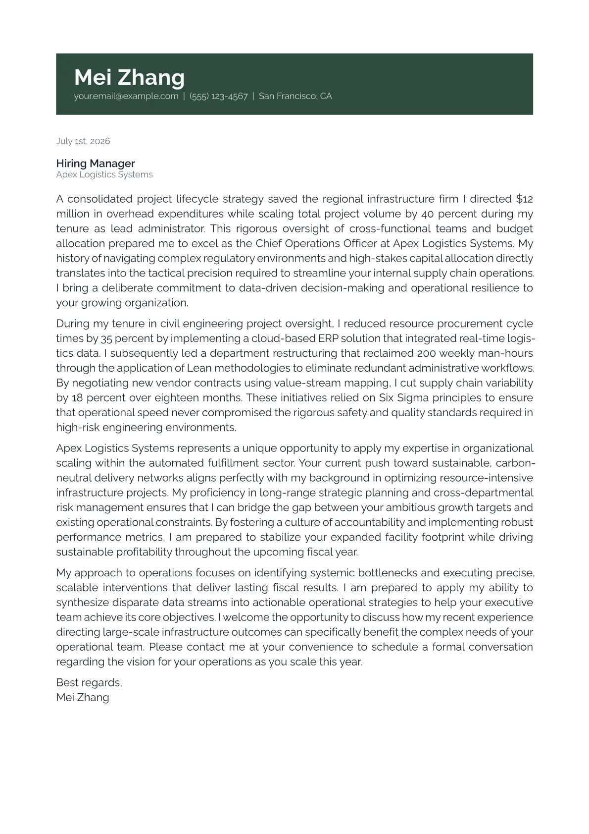 Chief Operations Officer cover letter in the Banner design