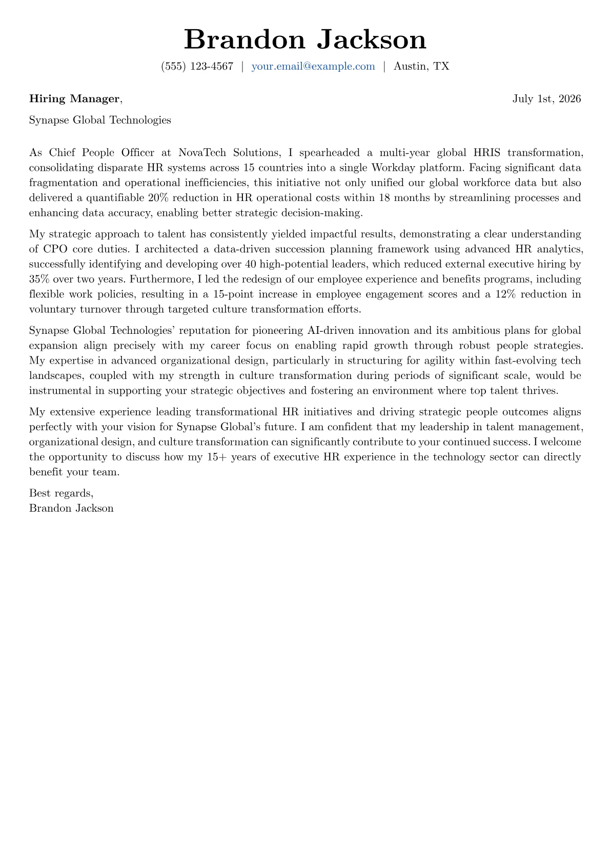 Chief People Officer cover letter formatted with a JobSprout template
