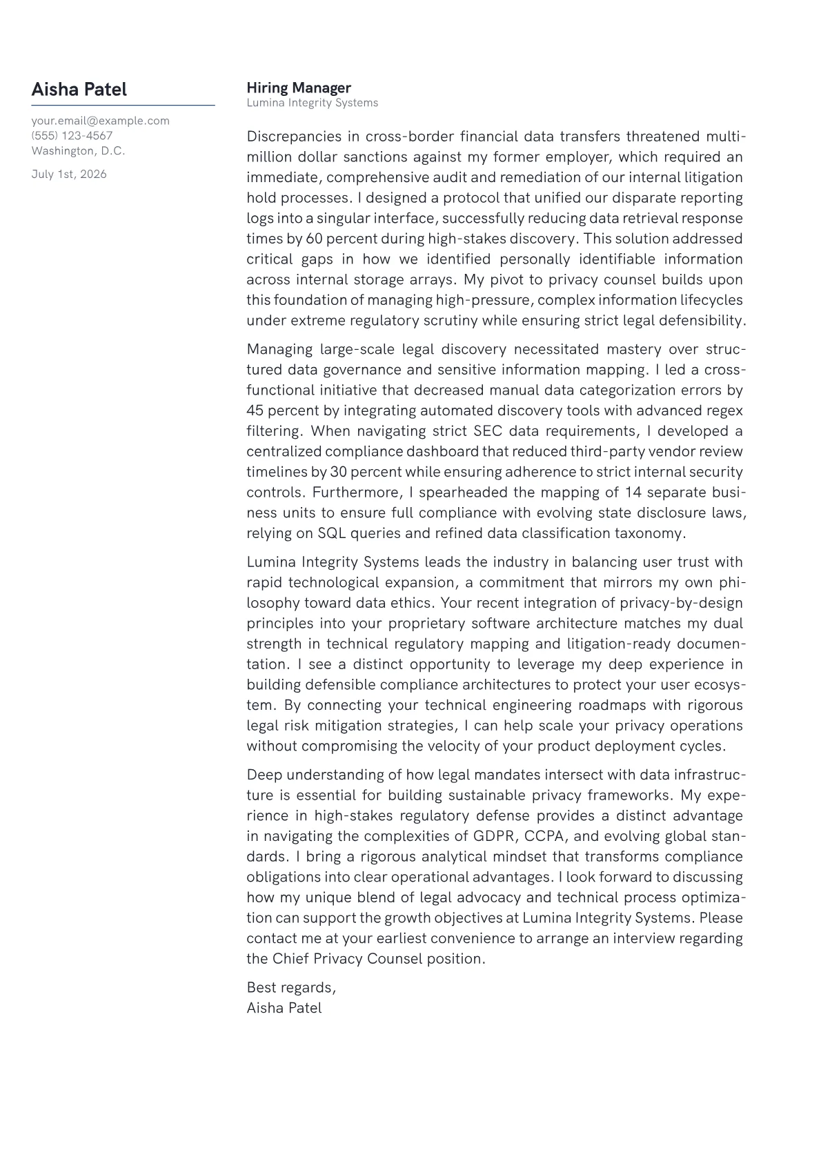 Chief Privacy Counsel cover letter in the Margin design